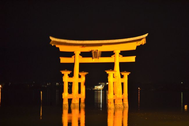 あの有名な水に浮かぶ大鳥居。<br /><br />ライトアップされていて、とってもキレイでした！ 