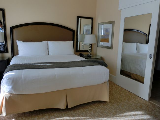 ベッドルームに分かれている広めのお部屋です。<br />キングサイズベッド一台しかないお部屋ですが、<br />リビングのソファがベッドになるというので、<br />ここのお部屋に決めたのでした。<br />ツインのお部屋じゃあ狭いし、<br />ツインのベッドをくっつけられなかったら困るし。。<br />（私が娘と添い寝するとなると、狭くて寝られないので）