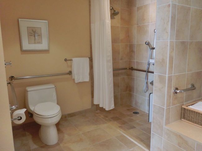 アクセシブルルームだろう、と。<br />予約したときに、ここのお部屋はあえて選ばなかったのに、<br />チェックインの時にはここしかあいてなかったんだろうなぁ。<br />仕方ないけど。シャワーとバスタブが別にはなっていますが、<br />シャワーカーテンのみで床もフラットですので<br />お水が外に出るわ出るわ、、、バスタオルをしきつめてました。