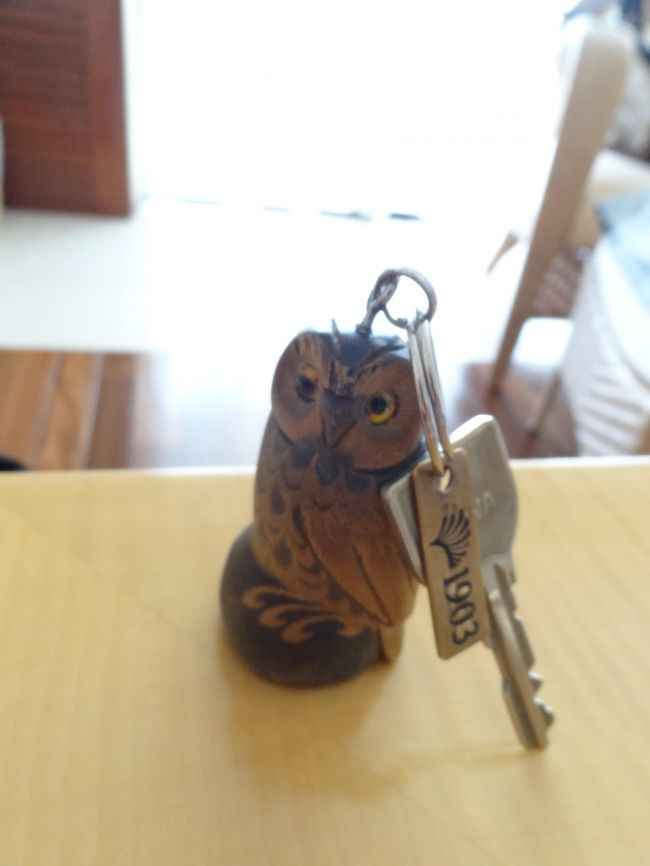 ルームキーはカードではなく<br />このフクロウさんのついた<br />キーなのです。