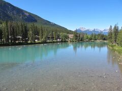 歩いて、ボウ川橋（Bow River Bridge）を渡ります。
川の色がターコイズからエメラルドグリーンです。
氷河が溶けた水に細かい粒子が含まれていて、青系の色を散乱されるので、この色に見えます。