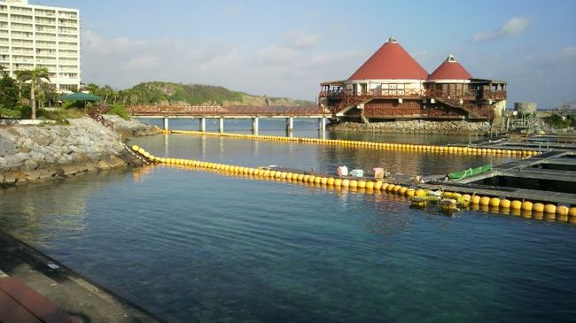 2日目の朝は、天気も良くすごく爽やかでした。<br />散歩がてらドルフィンプログラムの予約をするために<br />受付に行きました。（注意：チェックイン前には<br />予約はできません）<br /><br />希望日は3日目だったのですが、定員一杯だったので<br />急遽、このまま参加することになりました^^:<br />部屋に水着を取りに戻り、何か慌しい感じになっちゃいました。<br /><br />写真は、イルカの居る天然プールです<br />手前のプールにはエイの家族がいっぱい居ました。<br />ここで、練習を兼ねてのシュノーケルをしたんですよ♪<br />生まれたてのエイの赤ちゃんも見られて、楽しかったです。<br /><br />残念ながら、カメラNGだったので写真が全然ありません･･･orz<br /><br />それでも嫁の夢の1つ（イルカと遊ぶ）が叶えられました。