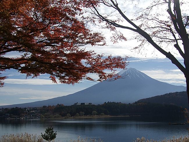 河口湖の湖畔から眺める富士山。紅葉の撮影スポットの定番です。毎年カメラマンで大賑わいになります。