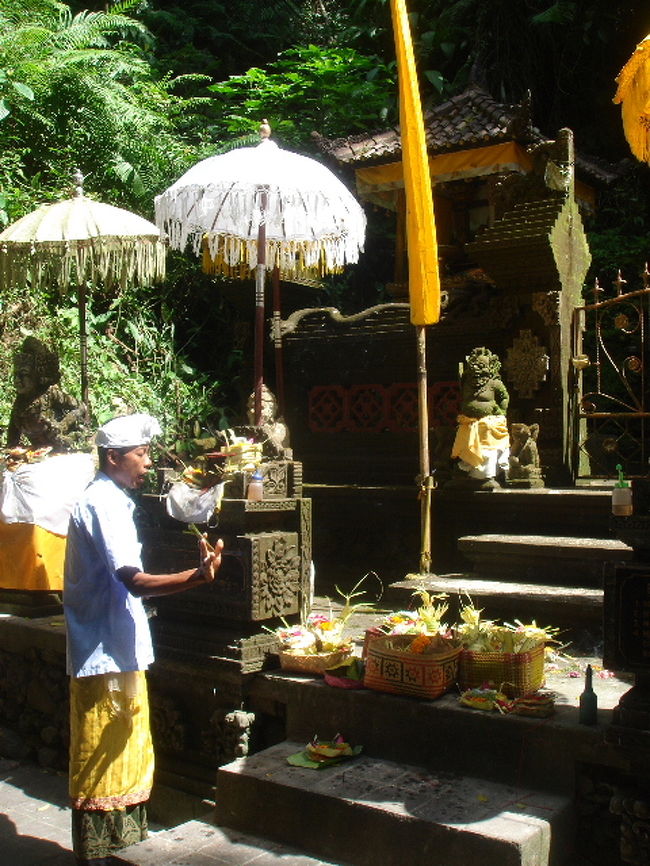 グヌン・カゥイから少し行ったところにある、谷底にある沐浴場です。<br />まず持ってきたお供えを、お祈りして捧げます。<br />ガイドさんと隣に座って一緒にお祈りします。<br /><br />その後、荷物を有料の着替えと荷物置き場に置き、滝まで裸足で歩き、滝に打たれます。流れる水が濁りのない透明な色になるまでなので、私は頭と背中とそれぞれ３分くらい清めました。<br /><br />結構ハードでしたが、とても神聖で、貴重な体験になりました。<br />