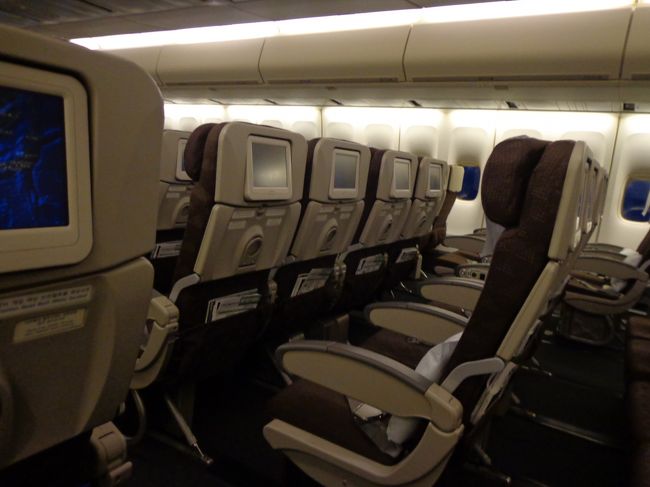 ガラガラでした。後部の方，私の他は親子２人のみ。<br /><br />どういう理由での機体変更だったんでしょうね。ソウルへ戻る便への搭乗弱が多かったんでしょうか。<br /><br />ああ，ヨーロッパへ行く便がこれ位空いていてくれたらいいのに。。