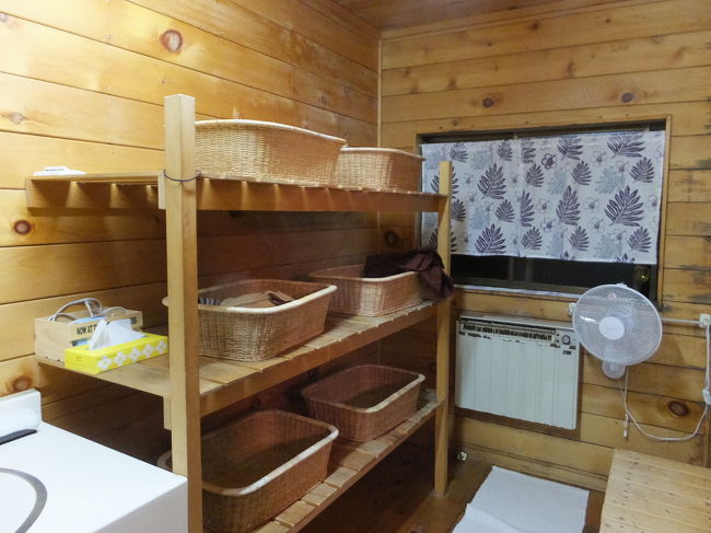 私たちは素泊まりだったので、お風呂から上がってから自分で買ってきたごはんを食べました。<br /><br />1泊2食付きプランだとおかみさんが作ったおいしいごはんが食べられるそうです☆<br />1階に食堂があるので、そこで食べるのかな？？<br /><br />夕食後、少しテレビみてダラダラして9時半頃、再びお風呂に(^-^)<br />2回目はさっきとは反対側の浴室を貸し切りにして入ります。<br /><br />1回目は写真撮ってませんでしたが、脱衣所はこんな感じです。<br />棚にカゴがあり、ティッシュや綿棒、ドライヤーも置いてあります。<br />扇風機・体重計もありました。