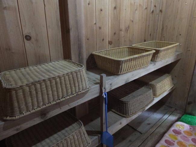 棚とカゴがあります。<br />ちなみに脱衣所は扉が無く、のれんや木の壁で仕切られているだけなので、いろんな虫がいます(^^;<br />