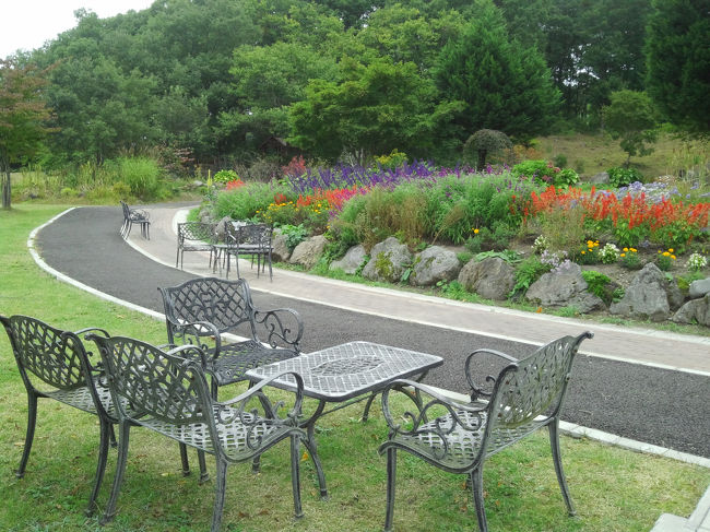 お土産屋さんの入口の向こうにはお庭があります。<br />きれいに手入れされていて、お花の中を歩けるようになっていました。