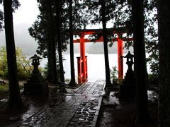 娘が御札所でご朱印（300円）を頂いた後、芦ノ湖の湖畔の鳥居（平和の鳥居）へと向かう。

水の中に佇む朱塗りの鳥居、この風景がたまらなく好きだ。
木々が立ち込める仄昏い境内を抜けると、雨に霞む湖の縁に立つ朱色の門。

パワースポット・信仰心からは縁遠い私だが、朱の鳥居にはヒトならぬモノまでを引き付ける力があるかも…とか思ってしまう。