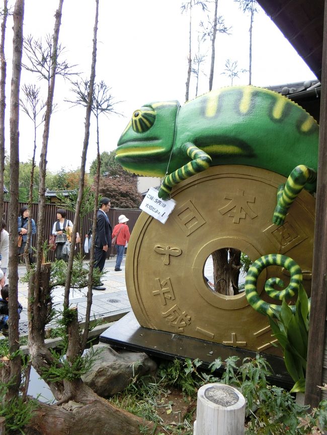 途中、、、ウナギ屋さんの前で怪しげなカメレオン発見。<br /><br />この大きい謎の動物シリーズ、何カ所かで見かけた。<br />川越では流行っているのでしょうか？