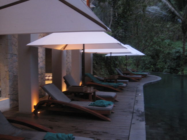 夕食はリバーカフェに行きました。<br />リバーカフェの真下がプールになってます。パンフレットでよく見るプールです。<br />入らないでしまったけど、すごくキレイなプールでした。