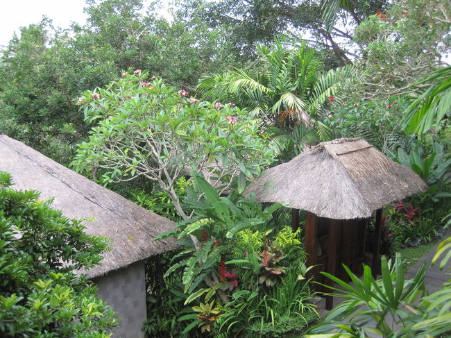 ラウンジのバルコニーに出ると、他のヴィラの入り口が見えました。<br /><br />お迎え時間の少し前にロビーに移動し、時間通りに出発しました。<br /><br />両替したかったので、途中でレートの良い所に寄ってもらいました。<br />ちなみにレートはRP.113/円でしたが、朝に王子がホテルで両替をしたところ、RP.106/円でした。やっぱり結構差があります。