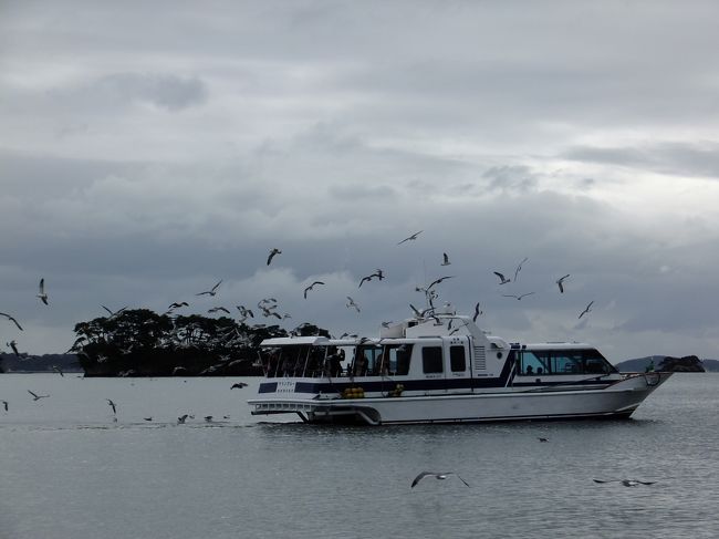 この日はどんより曇り空だったのでなんだかくら〜い写真ですが、まだ午前中です。遊覧船に群がるカモメたち。<br /><br />海岸でもお菓子とかソフトクリームを持ってると狙われますので要注意！