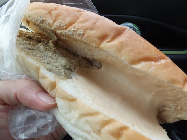 実は欲張ってもう１個(笑)<br />「ピーナッツ」と「黒豆きなこ」だったかな。甘いもの苦手なくせに…。<br />こんな風にハーフ＆ハーフもできるんです。「まざらないように半々で！」とお願いするといいみたいです。これまた重量感！！ペーストが重い(笑)<br /><br />ちなみに相方は「チキンミート」と「ごぼう」を頼んだのですが「まざらないように」と言わなかったために重ねられてまざってまして…不思議な味だったそうです。。。<br />