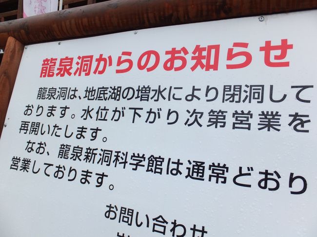 悔し紛れに立ち寄った道の駅いわいずみでこんな看板を発見！<br />【閉洞】よりも先に君に会いたかったよ…。<br /><br />龍泉洞へ行く方へ。<br />事前に龍泉洞ブログhttp://www.town.iwaizumi.iwate.jp/~ryusendo/wordpress/で状況を確認のうえ行かれることをおすすめします(泣)