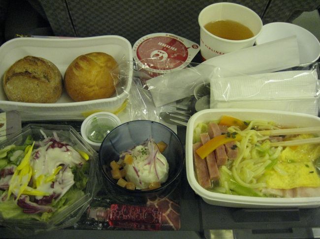 いよいよ搭乗22：55発ＪＡＬ便で行きました♪<br /><br />搭乗したときから時計を現地時刻に合わせてその時間だと思い込みます。<br /><br />行きは寝るに徹したほうがいいと聞いていたので化粧を落としマスク＆アイマスクで映画も見ずひたすら寝てました<br /><br />最初の機内食☆<br /><br />まぁまぁの味でした♪