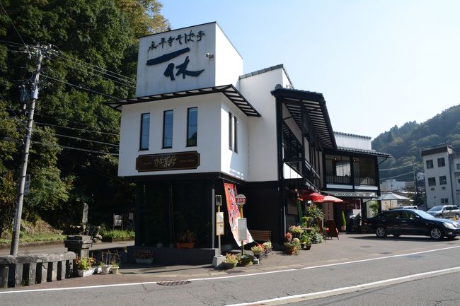 この後、丸岡城に行くつもりですが、丸岡城経由の東尋坊行きバスが目の前で出発。最初そのバスが丸岡城に行くことに気がつかなくて失敗。バス停の時刻表とスマホでリカバリーする方法を検討。どうやら一旦福井に戻り、丸岡城行きのバスに乗り換えるのが一番早そう。バスチケットを販売しているお食事処一休さんで相談。やはり福井に一度戻るのが早いとの事。一乗谷朝倉氏遺跡経由のバスで福井に戻ります。写真は一休さんとその前のバス停