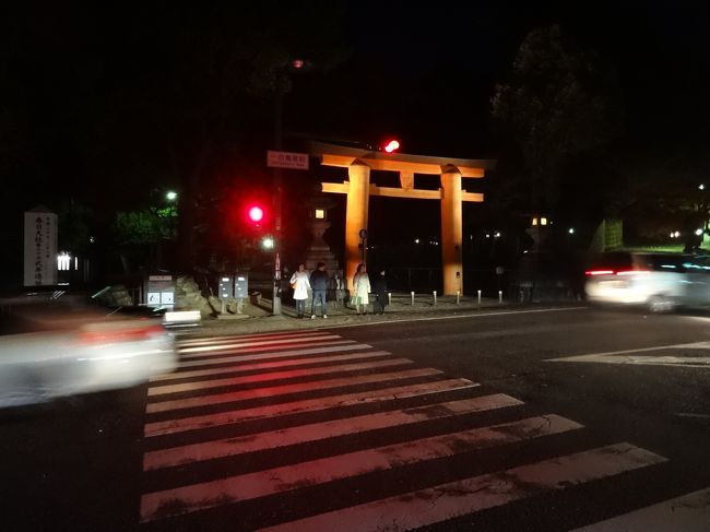 朝に見た鳥居もライトアップされています。