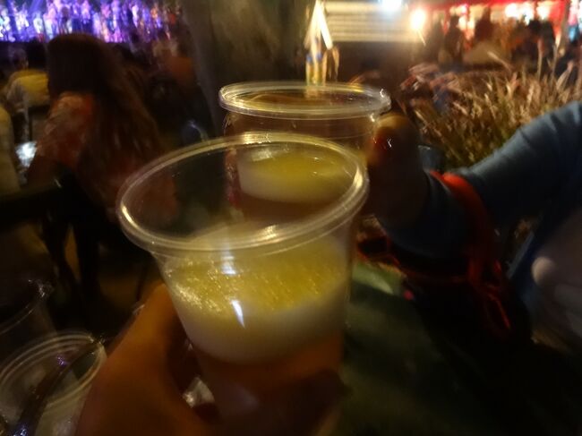 なんとか、場所を確保して、打ち上げられたコムローイを見たり、すぐ近くで打ち上げられる花火に、びくひくしたりしながら、乾杯〜