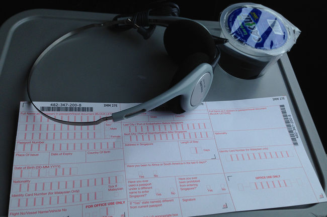 入国カード、イヤホン、水が支給される