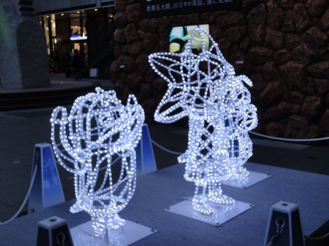 着いた時はまだ明るかったのですが、ソラマチを少し徘徊しているうちに日が暮れてきました。<br />写真はよくわからないかもしれませんが、電飾でおめかししたソラカラちゃん御一行様です。<br />皆さん写真を撮るために並んでました。なので、私は皆さんのお邪魔にならないように横から。