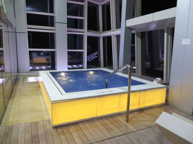 ジャグジーは中と外にある。中のはぬるく、というか冷たく感じられた。外のは暖かいが、空まで吹き抜け。風が冷たい。頭寒足熱と思えばいいのかな。