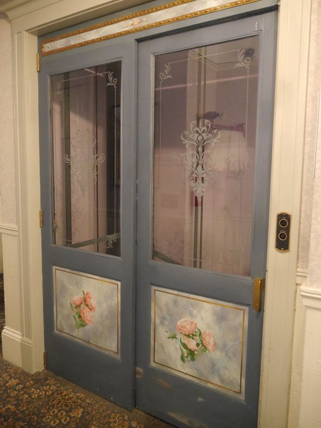 エレベーター。ボタンを押すときますが、この扉は手動です。中に黒い柵のような自動扉がありました。