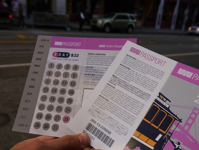 Walgreensでケーブルカー、メトロ、ミュニバスの乗り放題のチケットを買いました。<br />左側の「月」のところ「１１」を削り、右側の「２８、２９、３０」を削ります。<br />ケーブルカーに乗るときは料金は言われませんが、乗ってると代金払うように言われその時に見せます。<br />3日券＄２１。