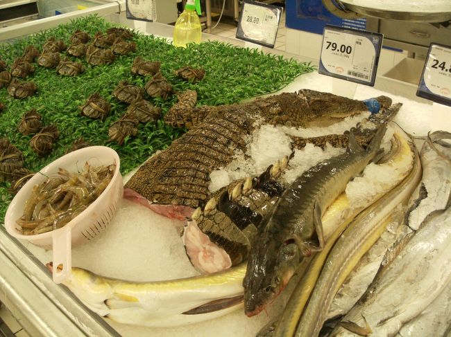 ＴＥＳＣＯ の２Ｆで土産でも買うか...<br /><br />そう思いスーパー内をぶらぶらしてると...<br /><br />ワ！？　ワニ ぃぃぃー！<br /><br />蟹や蝦と並んで胴体を真っ二つにされた鰐が普通に売られてる。<br /><br />こんなん買う奴おるんか？<br /><br />でも７９元て案外安いな...<br />