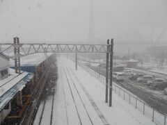 青森駅で。
さっきまで晴れていたのに、急に雪が強まりました。