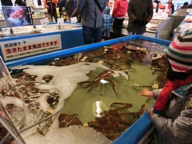 食事の後は、お店を見て回った。<br /><br />あまりにカニが売られているし皆すごい勢いで買っているので、何か買わなきゃ・・って思ったけど、正直お値段が高めだったのでやめた。<br /><br />関東でも丁度年末なのでいろいろな場所で売られているけど、同じロシア産でも関東の1.3倍くらいの価格だった・・。<br />場外市場が高いのかな？？<br /><br />