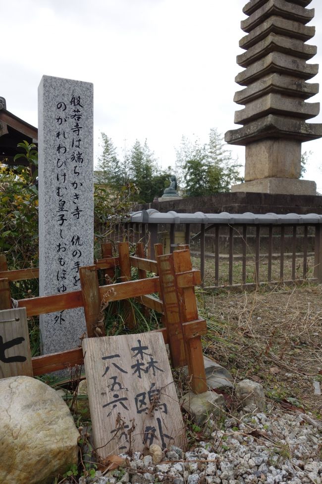 般若寺のシンボルともいえる十三重石塔は、天平7年（735年）に聖武天皇により建立された。が、今我々が目にしているのは、鎌倉時代に再建されたものだ。<br /><br />写真は、森鴎外歌碑。