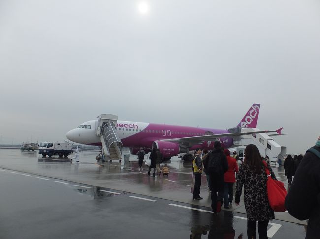 この日はあいにくの雨模様。ターミナルから小雨に打たれながら足早に歩き、タラップから機材に乗り込む。この日のピーチは満席で、我々のように小さな子供連れも多かった。