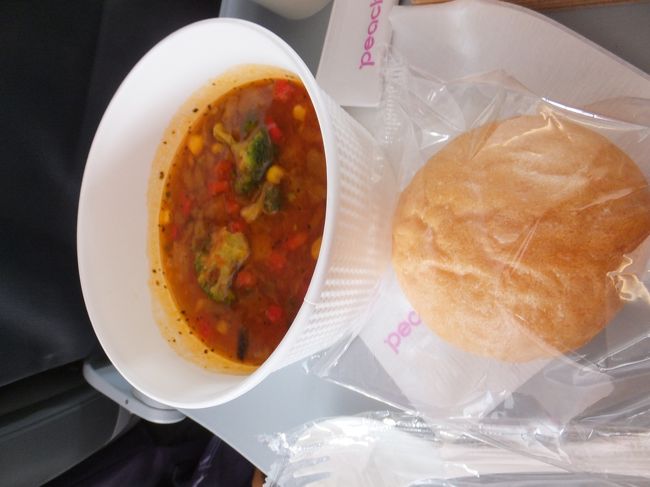 ちょうどお昼時のフライトだったので、機内食をオーダー。ブロッコリーのミネストローネ、５００円。