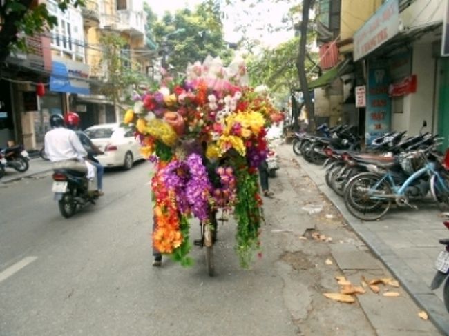さて、通りに出ると<br />自転車にたくさんの花を乗せて<br />売り歩くおばちゃん。