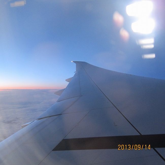 翼の近くですが、窓の外はめっちゃきれいだったのでパチリ。<br />朝ですね〜