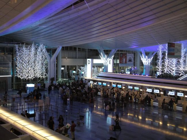 12月30日の夜の羽田空港。イルミネーションが綺麗です。<br />仕事納めの夜に出発。我が家の恒例