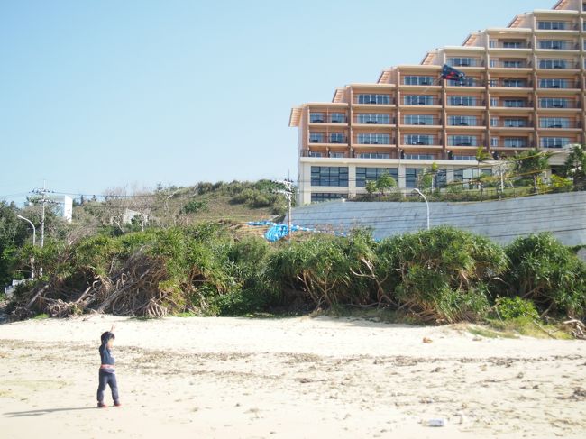 砂浜からホテルを見たところ。交通量がまあまあある道路を渡らなくてはならないのが難点ですが、弧の字型なっているので、眺めよしです。<br />長男初の凧揚げにトライ。