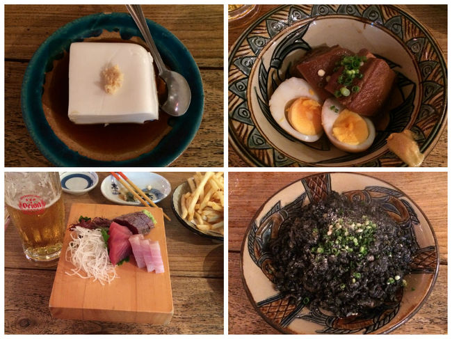 晩御飯どうしようかな〜とふらふらしていると、お姉さんがドリンク一杯無料券を配っていました。<br />聞いてみるとすぐそばにお店があるそうなので、そこでいただくことに。<br />その名も一期一会ならぬ「一魚一会」。<br /><br />左上：ジーマミ豆腐<br />左下：刺身の盛り合わせ<br />右上：ラフテー<br />右下：イカ墨チャーハン<br /><br />ん〜沖縄料理を満喫！！どれもこれもおいしゅうございました＾＾