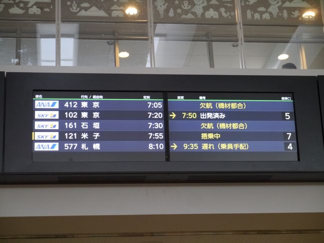 神戸空港から1日1便の石垣島までの直行便で飛び立ちます。<br />8日は全国的に雪模様。でも神戸のほうはお昼には雪が解けていたので9日は大丈夫だろうと安心して朝空港に着いたら・・・ガーーーーーン！！！！<br />何と東京から機材が届かないという事で私たちの乗る便だけ欠航に！<br /><br />一瞬呆然としましたが、大急ぎでカウンターに行ったらあと4席残っている那覇経由の次の便に乗れることになりました。<br />空港が開く6時前から待っていて良かった…。<br /><br />私たちより後に来た人たちはもっと遅い便、もしくはもう今日は満席で手配できない、と言われていました。ごめんなさい。