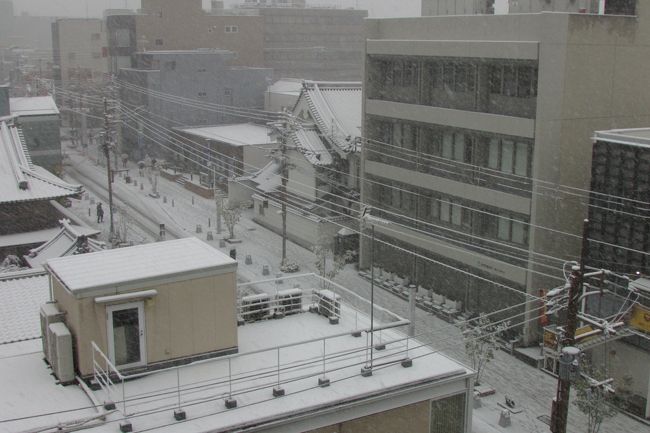 雪の足音がしたので急いでカーテンを引くと三条通りにしんしんと雪が降っていました。<br /><br />雪がひどくならないうちに、と心急くままカメラを持って外に出ました。