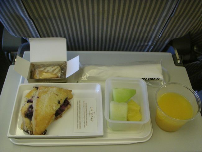 到着２時間位前に出された軽食。ここではオレンジジュースを。<br />（お土産で買ったＢＩＧ ＩＳＬＡＮＤのクッキー付き）<br />