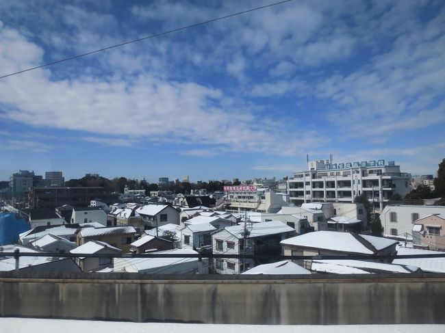 窓の外に見える家の屋根にも雪。