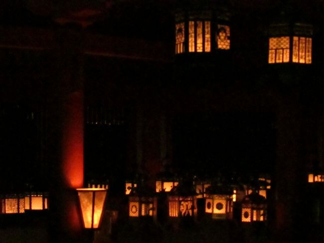 既に時間は遅く春日大社の本殿夜間拝観、吊灯籠の見学(拝観500円)はできなかったので、横から見える所だけ写しました。<br /><br />そこだけ時間が止まっているような空間。<br /><br />漆黒の夜にやわらかな朱色のともし火はとても美しく見えました。