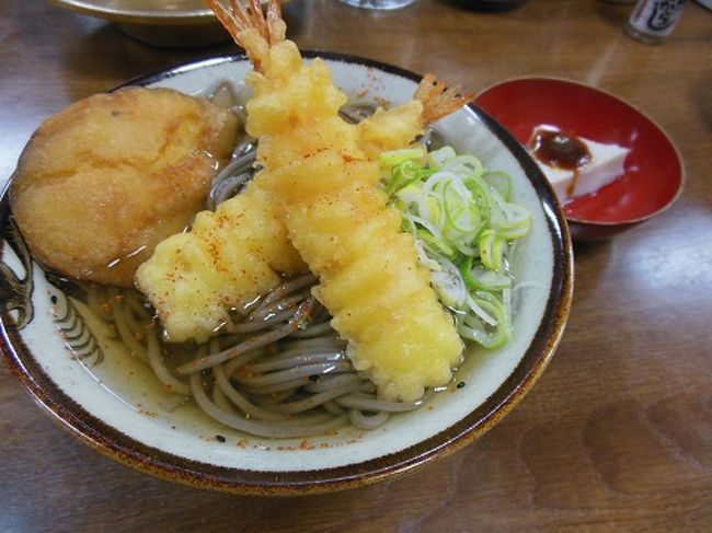 じゃーん。<br />なんというか豪快というか(^_^;)…<br />越前そば？永平寺そば？<br />このあたりのおそばはじねんしょらしく、<br />太くてソフトなのでぶつぶつ切れる…<br />なぜか、サツマイモの天ぷらも(^_^;)…<br />おまけでゴマ豆腐をつけてくれました♪<br />