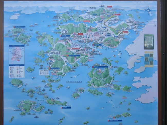 統営の観光地図<br />数字の場所が統営八景のある所、とても半日では八景めぐりはムリ！<br /><br />今日は六景だけでガマン！