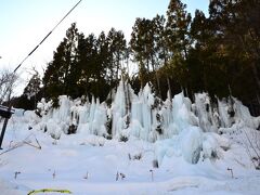 お宿から歩いて１分ほどのところに、氷のカーテン〈青だる〉がありました♪

厳冬期の福地温泉の山奥では、岩から滴り落ちた水が徐々に凍り、「青だる」と呼ばれる大きな氷柱が現れるそう。

実際には山奥でしか見られないその現象を、福地温泉では、沢の水を温泉地の木々に噴霧して再現しているとのこと。
