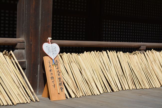 唐招提寺では<br />毎年行われる「うちわまき」が有名。<br />赤い縁取りのハート型のうちわは<br />持ち手の部分が長く、独特の形。<br />この日はこうして展示中？