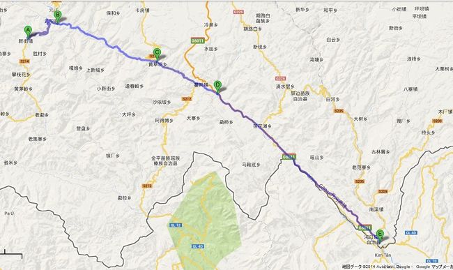 元陽から河口までの足取り<br /><br />A 新街鎮 → B 元陽 → C 省道の分岐 → D 蛮耗 → E 河口