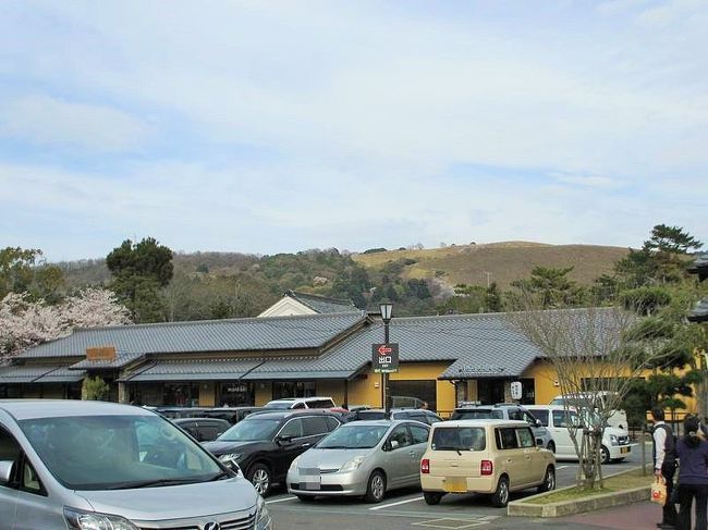 母も一緒に行くというので、氷室神社の近くにある「夢風ひろば」に車を停めて見に行くことにしました。<br />お店で2000円以上の買い物または飲食をすれば、2時間無料で停められるのですが、平日なのに結構な混雑具合でした。<br />私の前で満車の看板を立て掛けられそうだったのですが、何とか1台分は空いてたみたいで、ギリギリセーフ>_<<br /><br />右手に見えてる焦げている山は、若草山。<br /><br />1月の山焼きの様子は↓<br />http://4travel.jp/travelogue/10853334